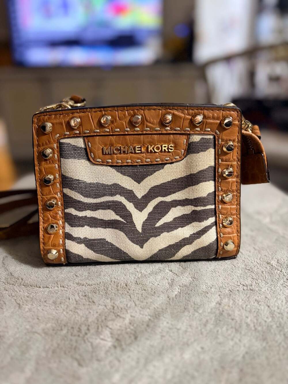 Michael Kors Zebra Print Canvas and Leather Crossbody Handbag